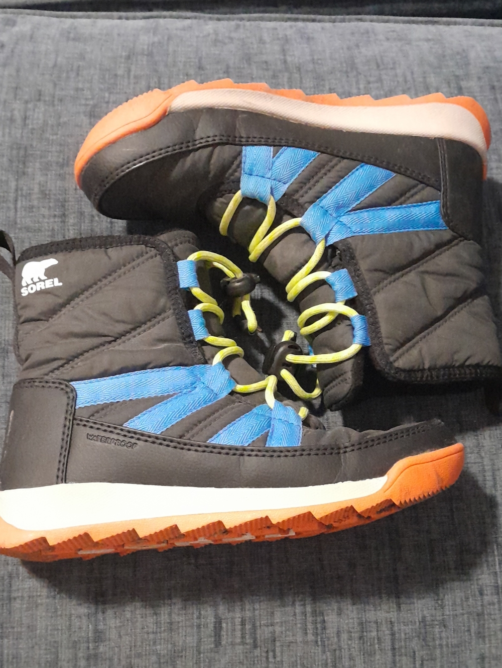Sorel Kids Black Blue Winter Boots with Orange Sole